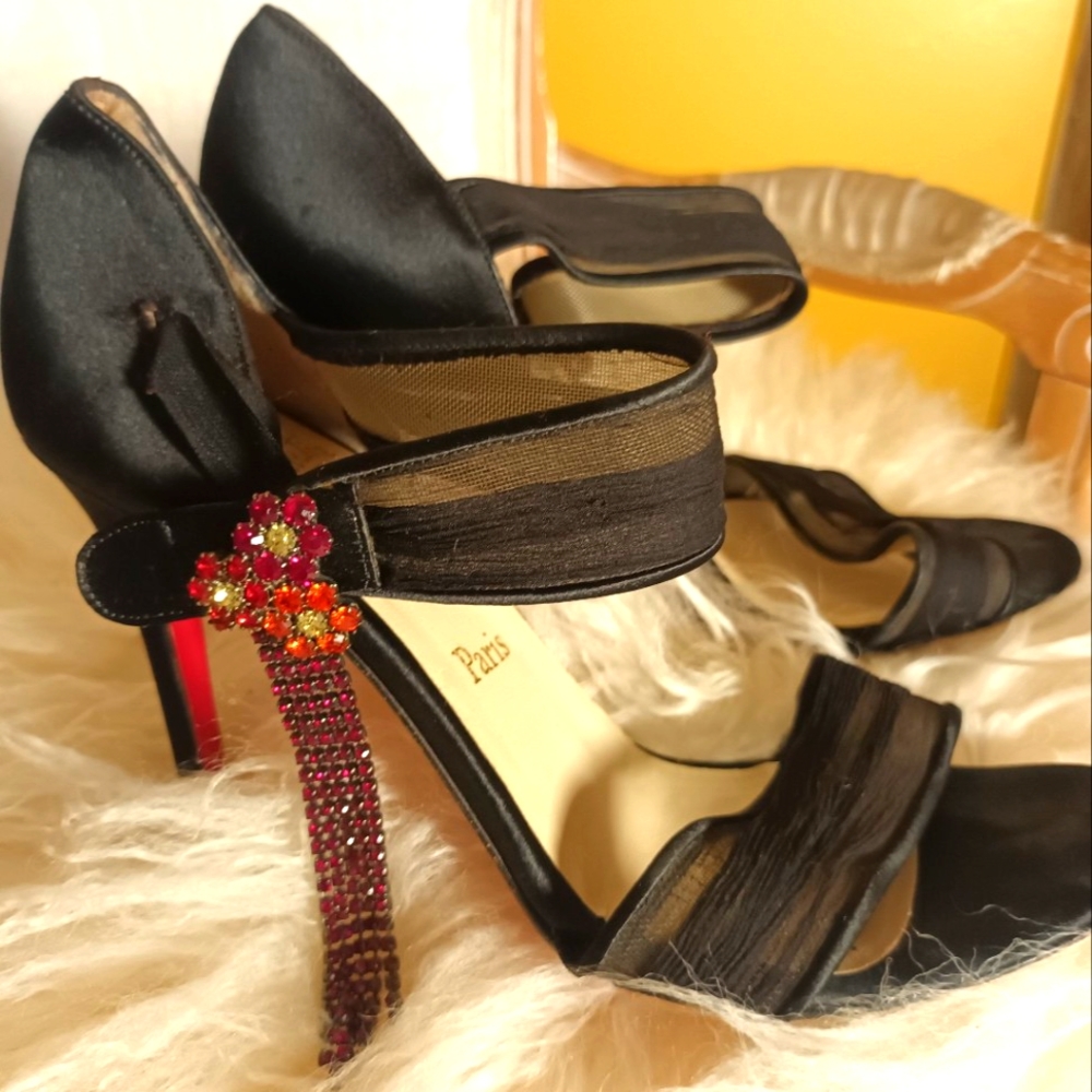 Christian Louboutin Vintage evening Sandal with Black chiffon/Crystal flower